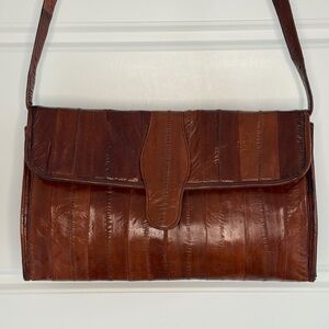 Vintage Genuine Eel Skin Brown Clutch Purse Shoulder Bag Removeable Strap Exotic